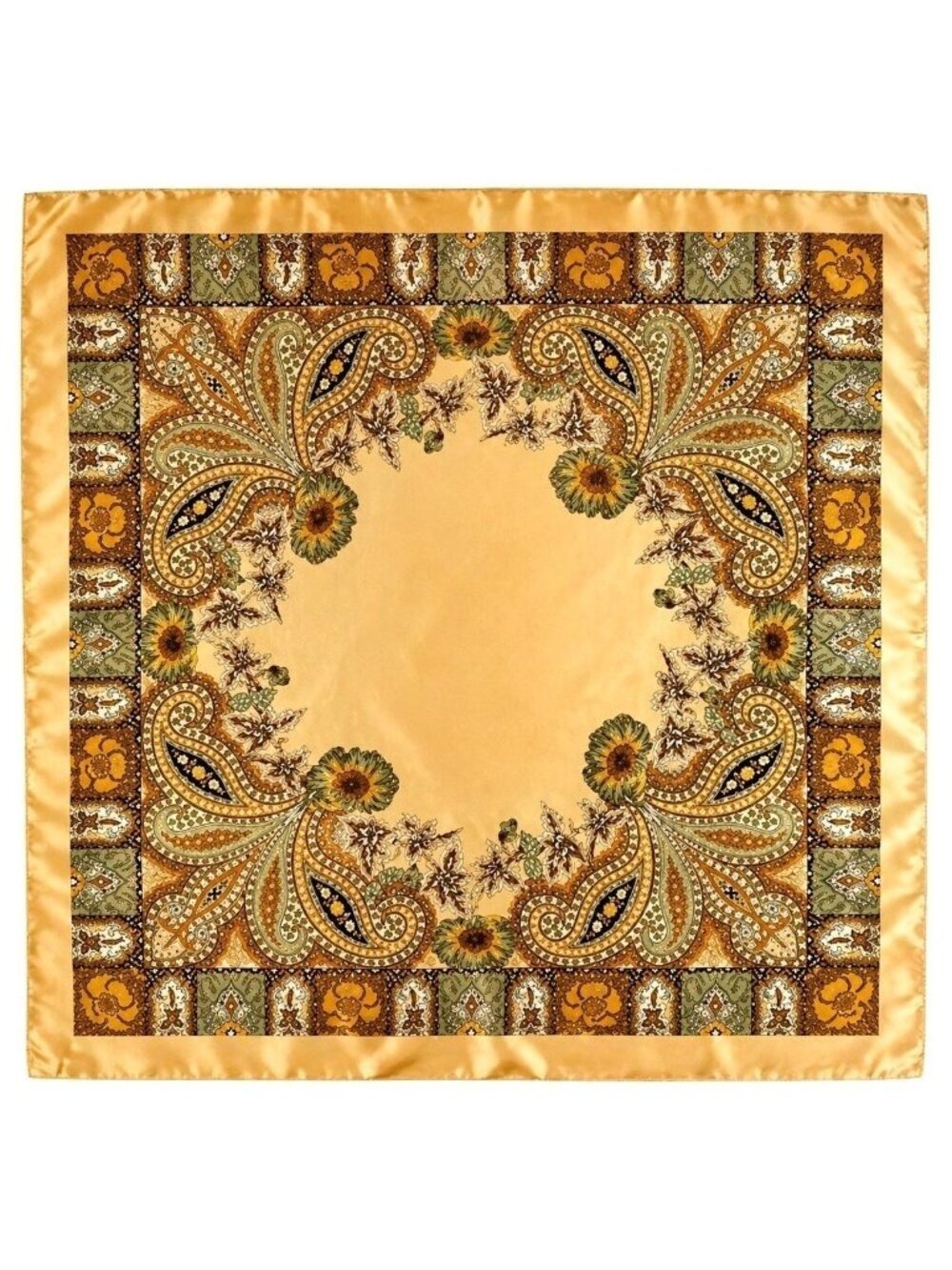 Luxury Paisley Floral Satin Scarf for Women – 35” Square Golden Honey Gold Sage